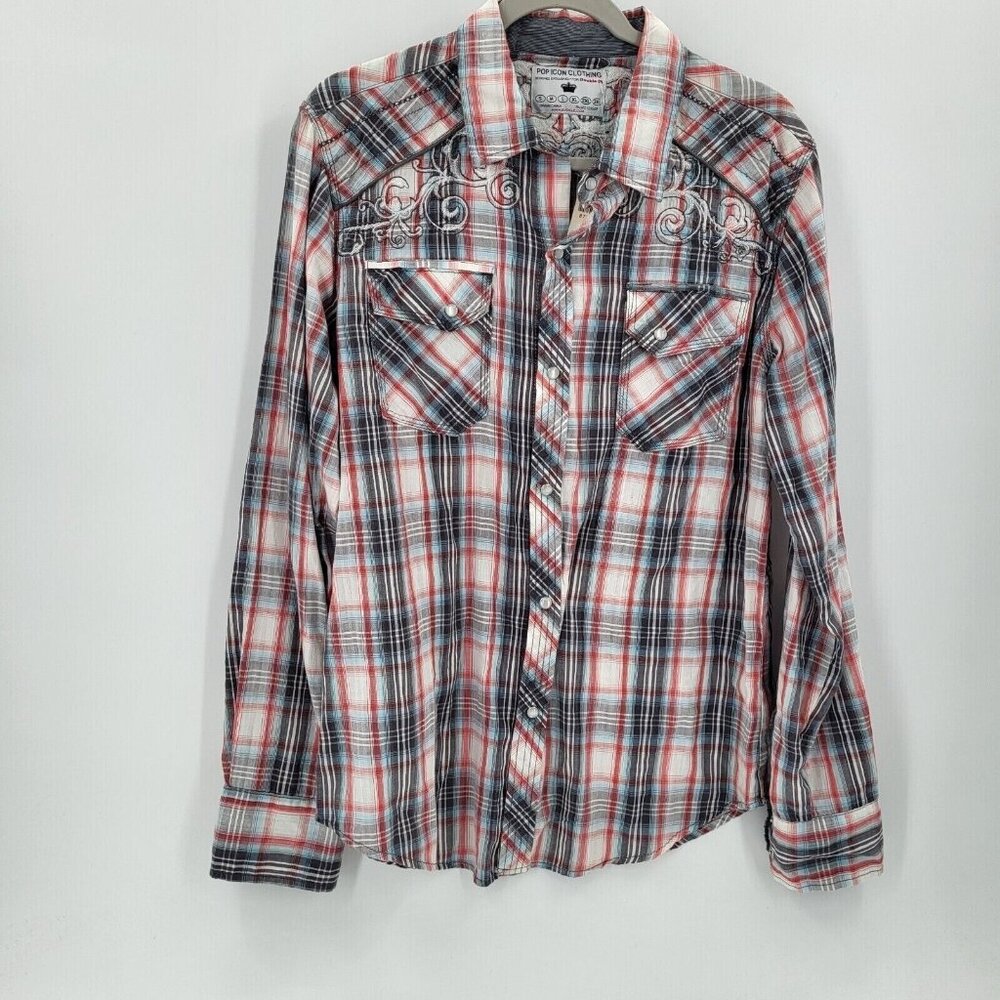 The Buckle Pearl Snap Shirt‎ Mens Medium Red Blue Plaid Icon Western Embroidered